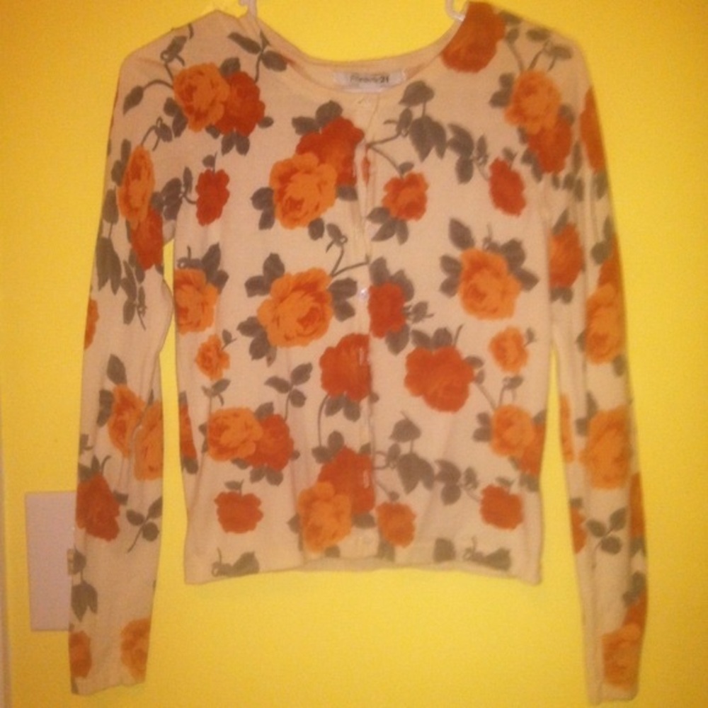 Forever 21 Floral Cardigan - Cream and Orange